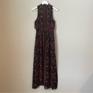 Floral Sleeveless Halter Maxi Dress Cinched Waist Sz Large